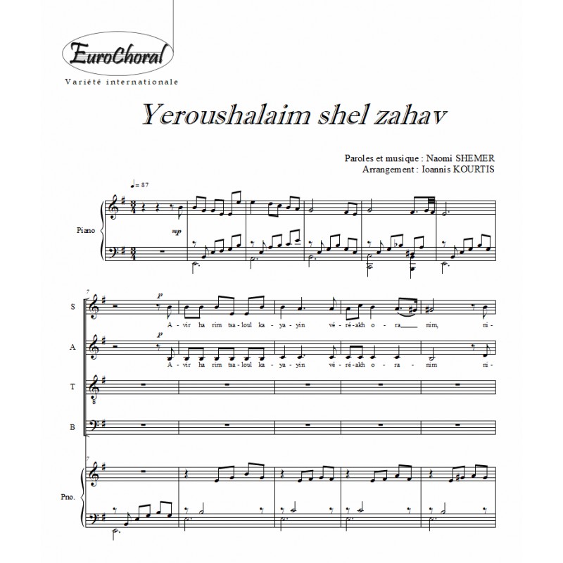 YEROUSHALAIM SHEL ZAHAV (Naomi Shemer) Partition choeur et piano